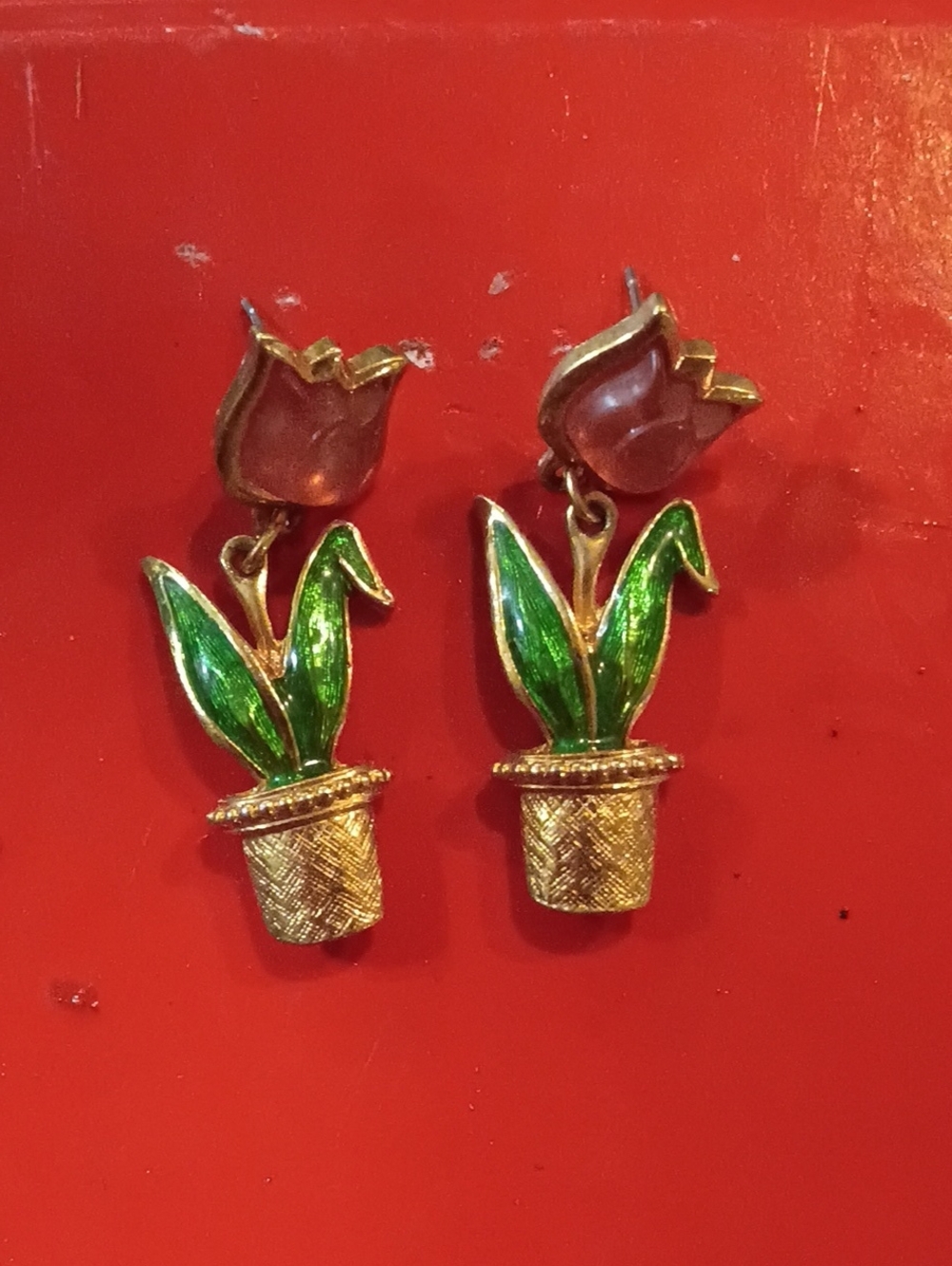 Gold Tulip Plant Drop Earrings with Green Enamel Leaves